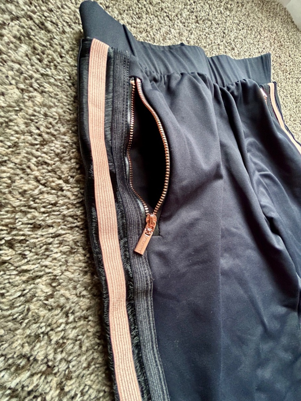Women's Black Track Jogger Pants with Rose Gold Stripe - Picture 2 of 7